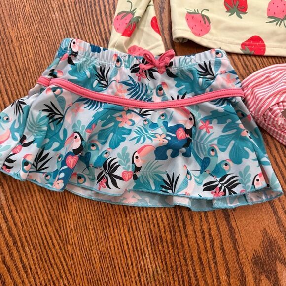 Girl’s 3T Swim Bundle Rashguard Top Swim Skirt Pink, Tucan, Strawberries - Picture 2 of 14